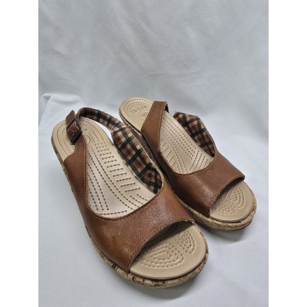 Crocs A Leigh Brown Leather Cork Wedge Heel Slingback Sandal Shoes Women’s Sz 8